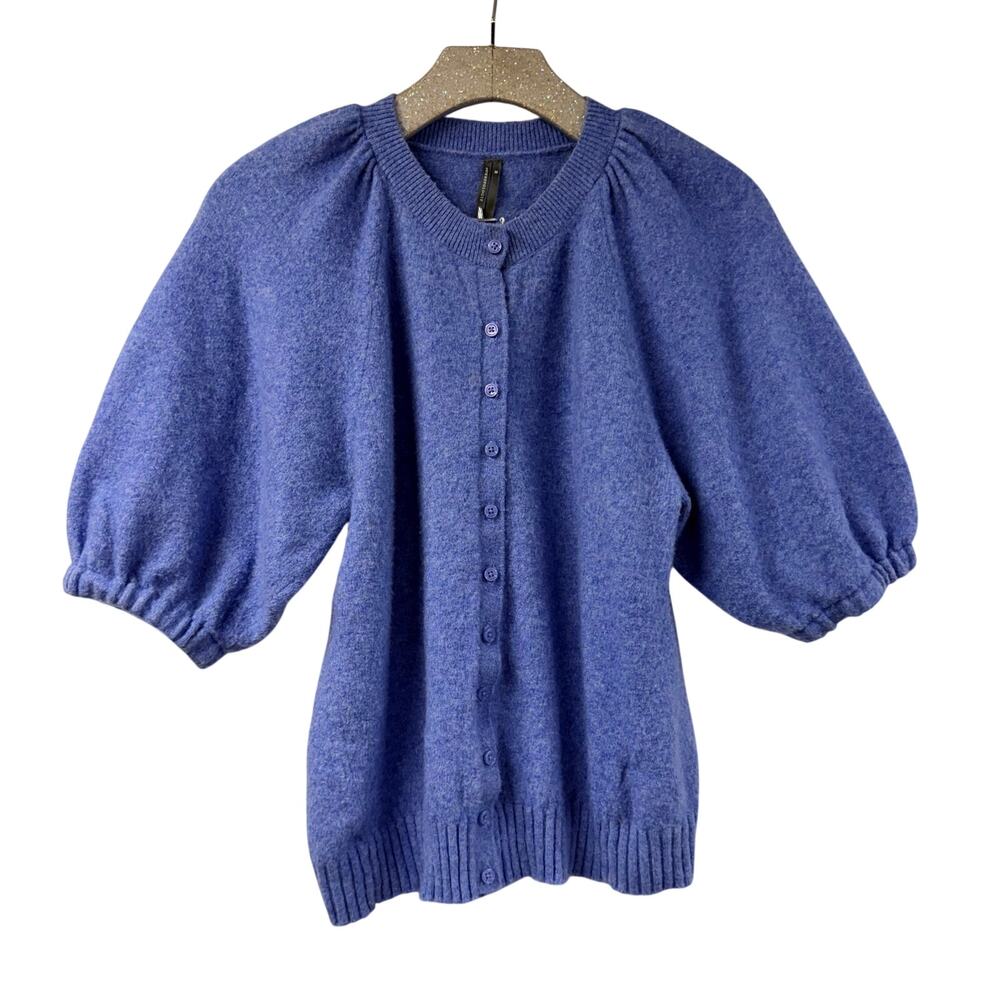 Anthropologie Linea Blue Puff Sleeve Cardigan Sweater XS Wool Blend